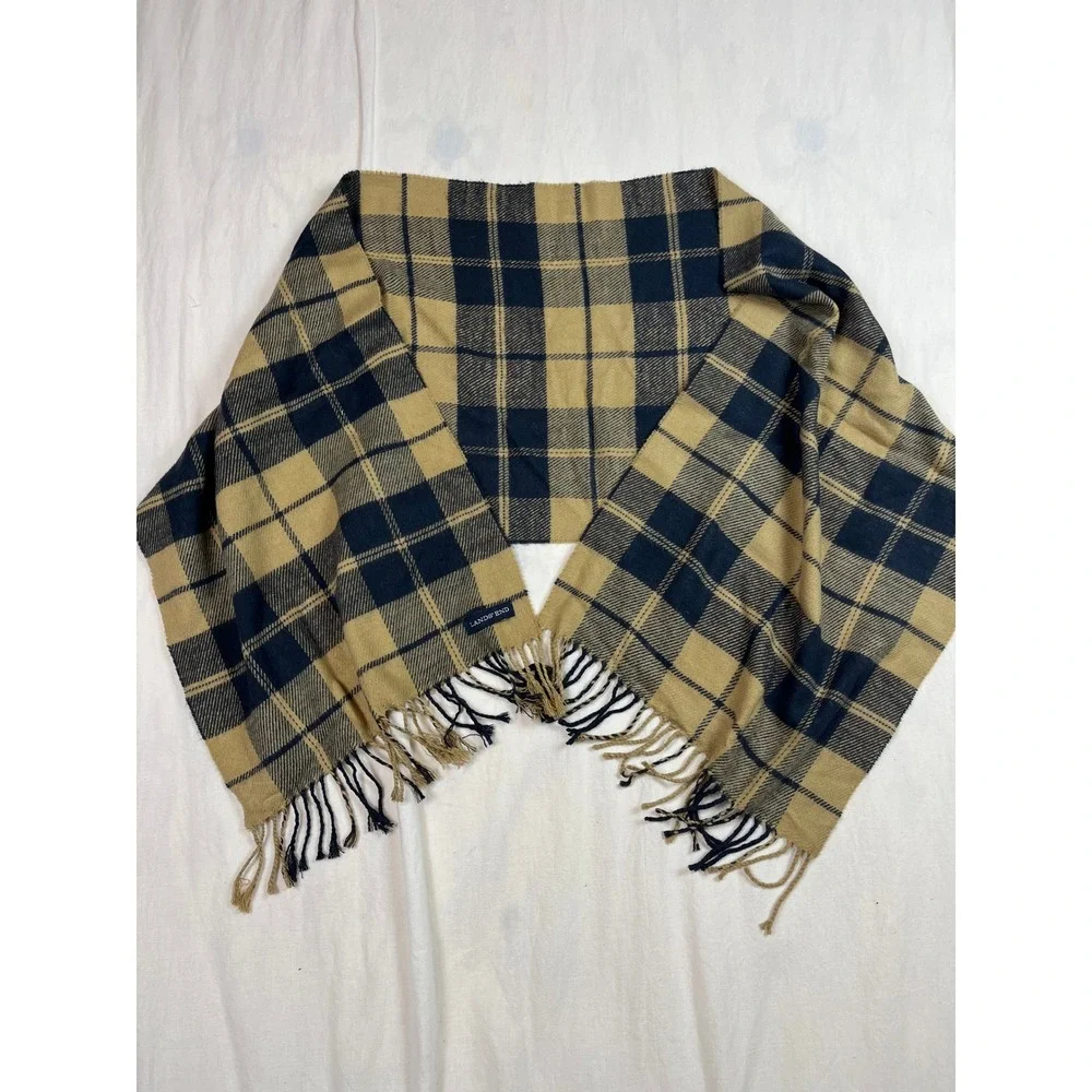 Lands End Plaid Scarf Tan Navy Blue Checkered Fringe Winter Accessory‎ Womens